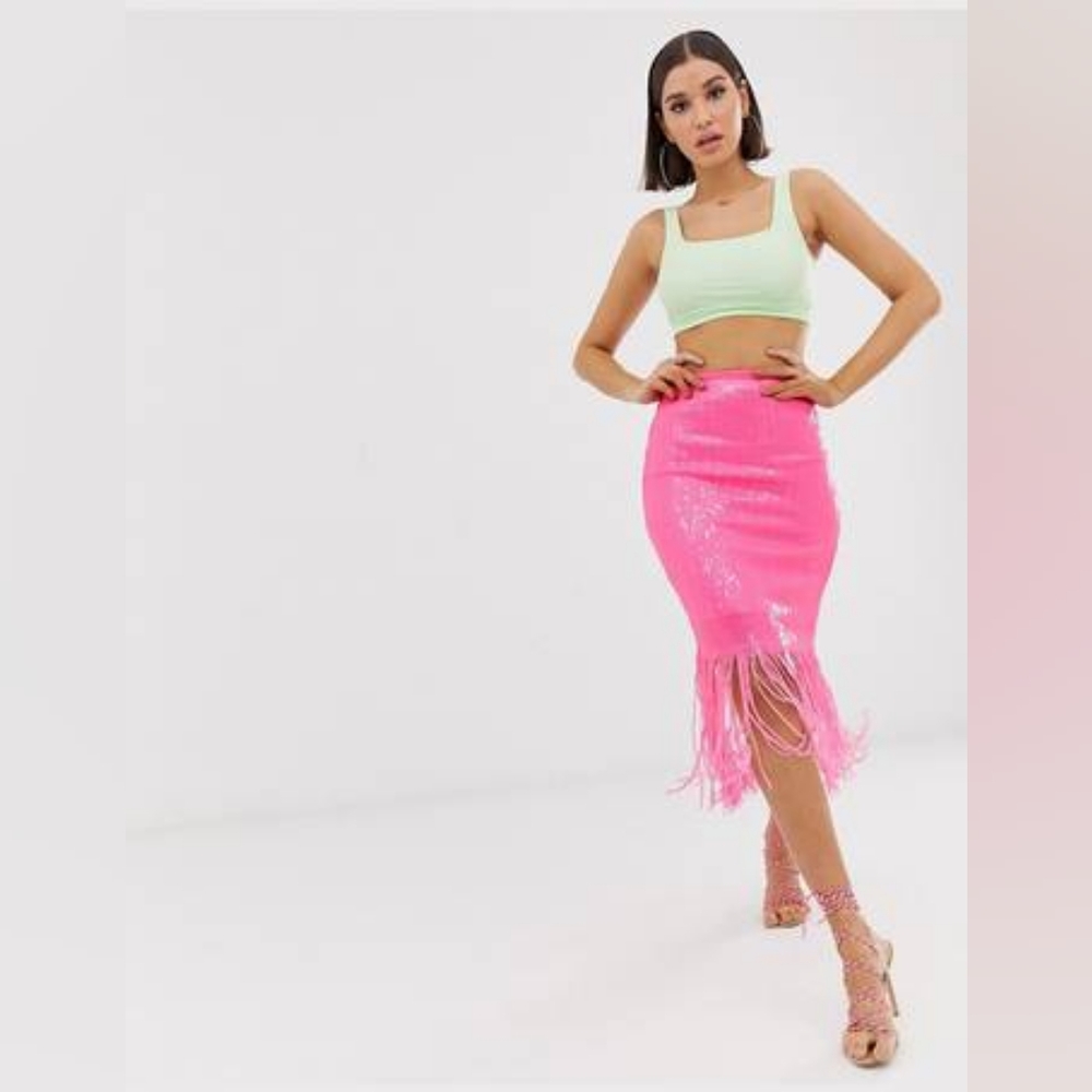 River island pink sequin fringe skirt